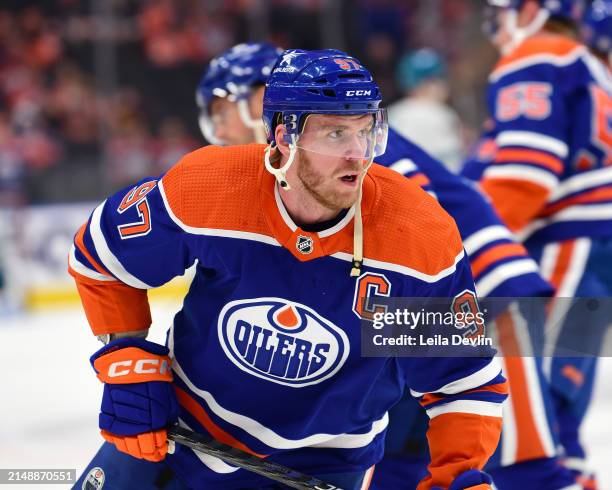 Connor McDavid of the Edmonton Oilers warms ups before the game against the San Jose Sharks at Rogers Place on April 15 in Edmonton, Alberta, Canada.