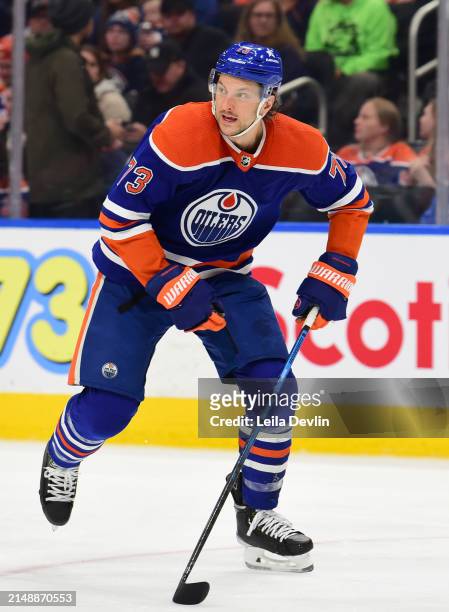 Vincent Desharnais of the Edmonton Oilers in action during the game against the San Jose Sharks at Rogers Place on April 15 in Edmonton, Alberta,...