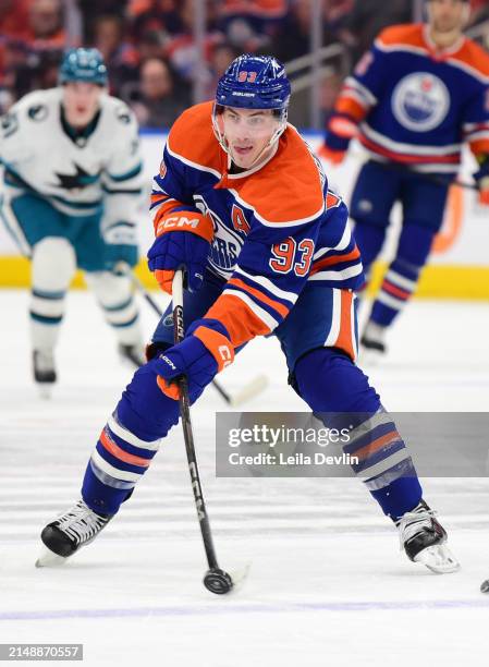 Ryan Nugent-Hopkins of the Edmonton Oilers in action during the game against the San Jose Sharks at Rogers Place on April 15 in Edmonton, Alberta,...
