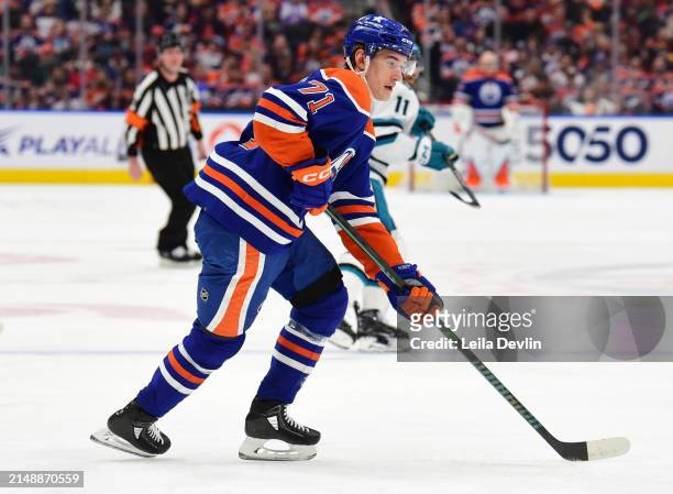 Ryan McLeod of the Edmonton Oilers in action during the game against the San Jose Sharks at Rogers Place on April 15 in Edmonton, Alberta, Canada.