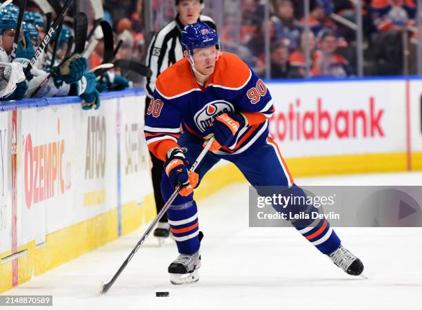 Corey Perry of the Edmonton Oilers in action during the game against the San Jose Sharks at Rogers Place on April 15 in Edmonton, Alberta, Canada.