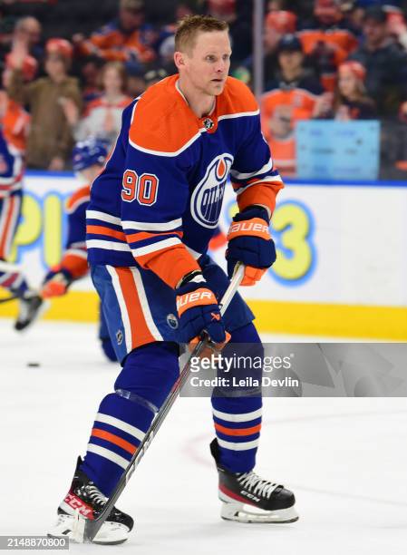 Corey Perry of the Edmonton Oilers warms ups before the game against the San Jose Sharks at Rogers Place on April 15 in Edmonton, Alberta, Canada.