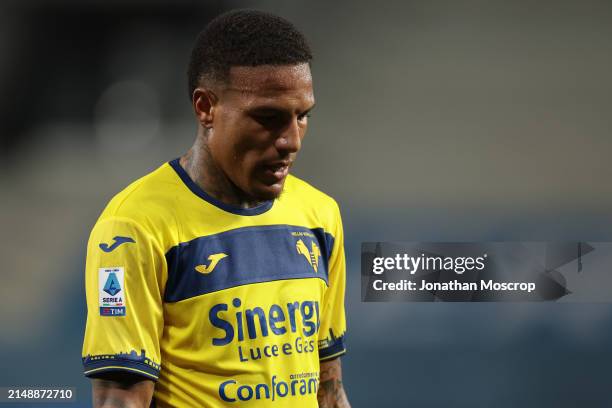 Michael Folorunsho of Hellas Verona reacts as he leaves the field of play at half time of the Serie A TIM match between Atalanta BC and Hellas Verona...