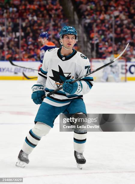 William Eklund of the San Jose Sharks in action during the game against the Edmonton Oilers at Rogers Place on April 15 in Edmonton, Alberta, Canada.