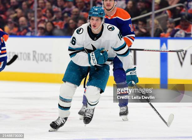 Jack Studnicka of the San Jose Sharks in action during the game against the Edmonton Oilers at Rogers Place on April 15 in Edmonton, Alberta, Canada.