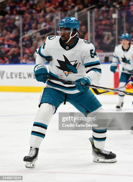 Givani Smith of the San Jose Sharks in action during the game against the Edmonton Oilers at Rogers Place on April 15 in Edmonton, Alberta, Canada.