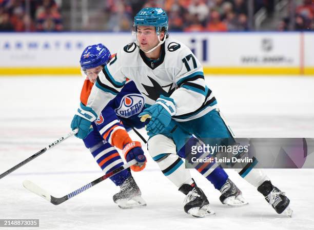 Thomas Bordeleau of the San Jose Sharks in action during the game against the Edmonton Oilers at Rogers Place on April 15 in Edmonton, Alberta,...