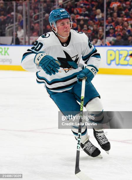 Fabian Zetterlund of the San Jose Sharks in action during the game against the Edmonton Oilers at Rogers Place on April 15 in Edmonton, Alberta,...