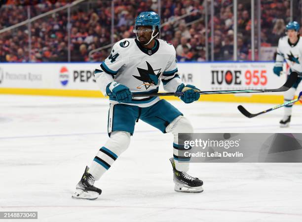 Givani Smith of the San Jose Sharks in action during the game against the Edmonton Oilers at Rogers Place on April 15 in Edmonton, Alberta, Canada.