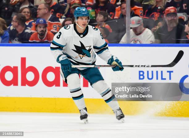 Henry Thrun of the San Jose Sharks in action during the game against the Edmonton Oilers at Rogers Place on April 15 in Edmonton, Alberta, Canada.