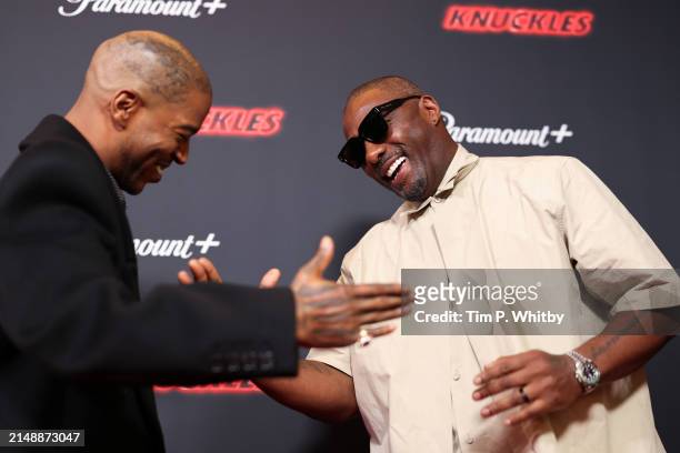 Kid Cudi and Idris Elba attend the global premiere of Paramount+ series "Knuckles" on April 16, 2024 in London, England. Knuckles will be streaming...