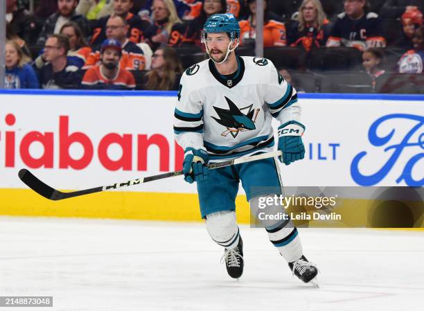 Kyle Burroughs of the San Jose Sharks in action during the game against the Edmonton Oilers at Rogers Place on April 15 in Edmonton, Alberta, Canada.