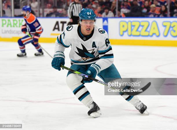 Mikael Granlund of the San Jose Sharks in action during the game against the Edmonton Oilers at Rogers Place on April 15 in Edmonton, Alberta, Canada.