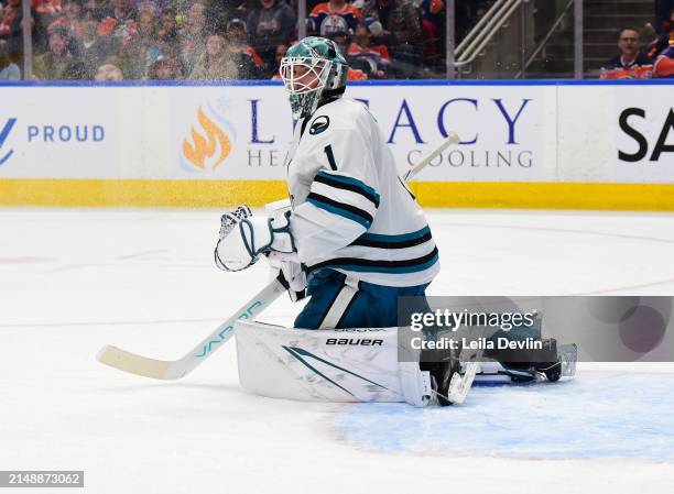 Devin Cooley of the San Jose Sharks in action during the game against the Edmonton Oilers at Rogers Place on April 15 in Edmonton, Alberta, Canada.