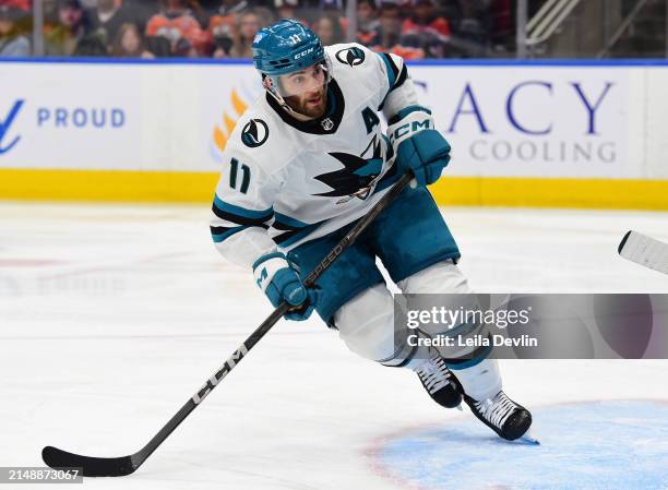 Luke Kunin of the San Jose Sharks in action during the game against the Edmonton Oilers at Rogers Place on April 15 in Edmonton, Alberta, Canada.