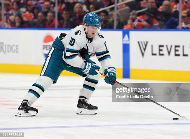 Klim Kostin of the San Jose Sharks in action during the game against the Edmonton Oilers at Rogers Place on April 15 in Edmonton, Alberta, Canada.
