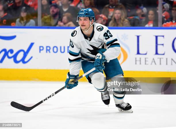 Calen Addison of the San Jose Sharks in action during the game against the Edmonton Oilers at Rogers Place on April 15 in Edmonton, Alberta, Canada.