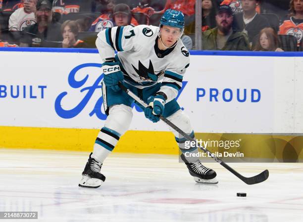 Nico Sturm of the San Jose Sharks in action during the game against the Edmonton Oilers at Rogers Place on April 15 in Edmonton, Alberta, Canada.
