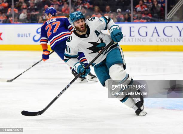 Luke Kunin of the San Jose Sharks in action during the game against the Edmonton Oilers at Rogers Place on April 15 in Edmonton, Alberta, Canada.