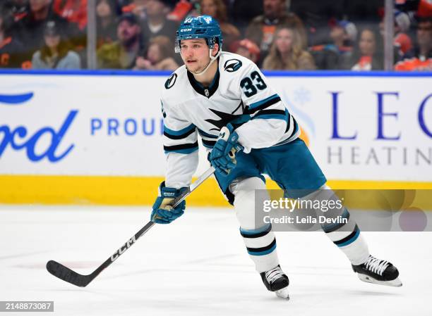Calen Addison of the San Jose Sharks in action during the game against the Edmonton Oilers at Rogers Place on April 15 in Edmonton, Alberta, Canada.