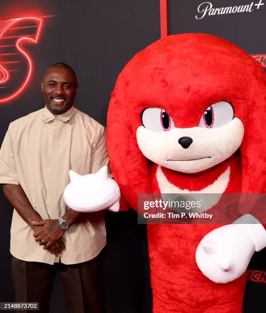 Knuckles and Idris Elba attend the global premiere of Paramount+ series "Knuckles" on April 16, 2024 in London, England. Knuckles will be streaming...