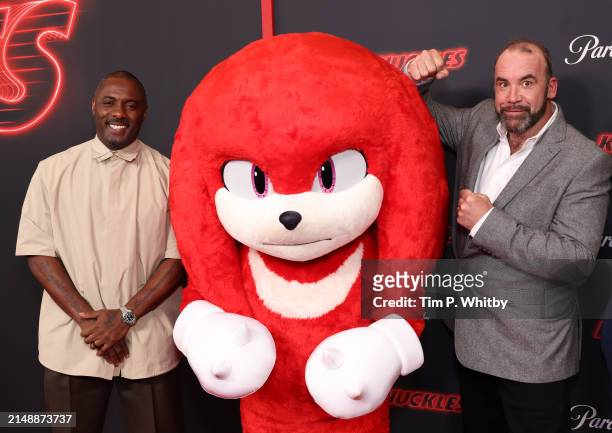 Idris Elba, Knuckles and Rory McCann attend the global premiere of Paramount+ series "Knuckles" on April 16, 2024 in London, England. Knuckles will...