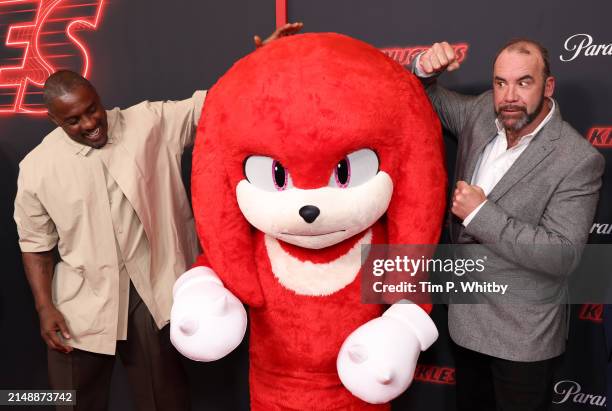 Idris Elba, Knuckles and Rory McCann attend the global premiere of Paramount+ series "Knuckles" on April 16, 2024 in London, England. Knuckles will...