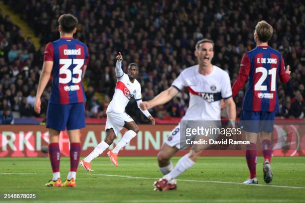 Ousmane Dembele of Paris Saint-Germain celebrates scoring his team's first goal during the UEFA Champions League quarter-final second leg match...