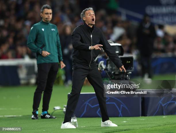 Luis Enrique, Head Coach of Paris Saint-Germain, reacts during the UEFA Champions League quarter-final second leg match between FC Barcelona and...