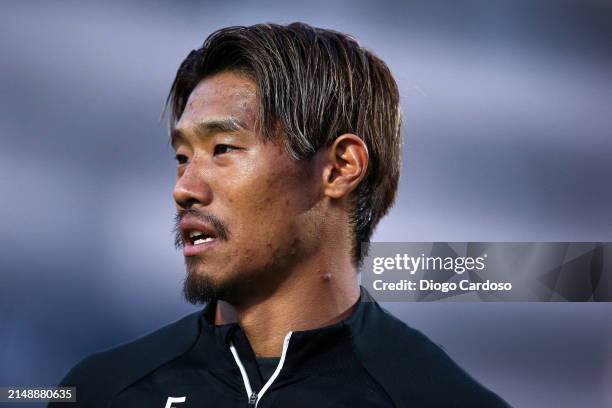 Hidemasa Morita of Sporting CP gestures prior to the Liga Portugal Bwin match between FC Famalicao and Sporting CP at Estadio Municipal de Famalicao...