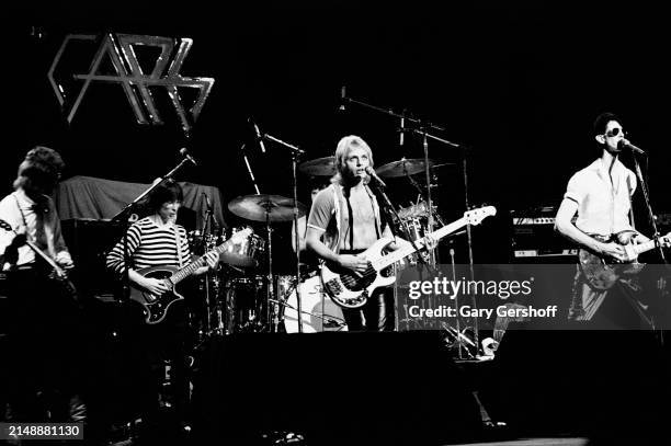 View of the members of New Wave group the Cars as they perform onstage at the Palladium, New York, New York, September 22, 1978. Pictured are, from...