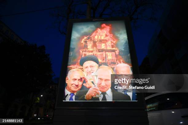 Street Artist Andrea Villa installs an Anti-War Poster, depicting world leaders Benjamin Netanyahu, Prime Minister of Israel, Ebrahim Raisi,...