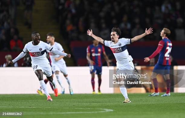 Vitinha of Paris Saint-Germain celebrates scoring his team's second goal during the UEFA Champions League quarter-final second leg match between FC...