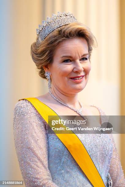 Queen Mathilde of Belgium arrives for a gala dinner at the Royal Castle of Laeken on April 16, 2024 in Brussels, Belgium.