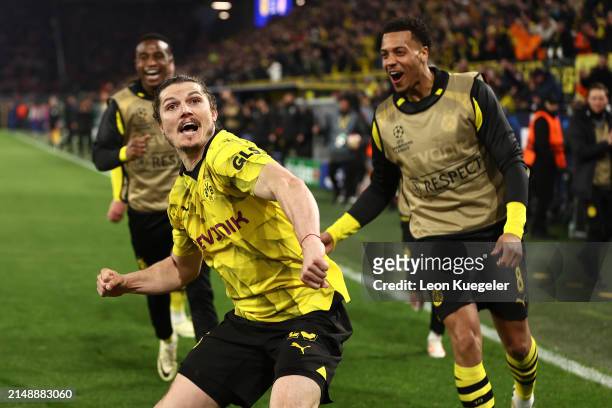 Marcel Sabitzer of Borussia Dortmund celebrates scoring his team's fourth goal during the UEFA Champions League quarter-final second leg match...