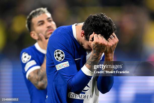 Jose Gimenez of Atletico Madrid looks dejected following the team's defeat during the UEFA Champions League quarter-final second leg match between...