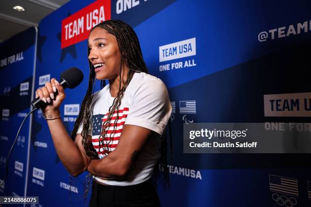 Track and Field athlete Tara Davis-Woodhall speaks during the Team USA Media Summit at Marriott Marquis Hotel on April 16, 2024 in New York City.