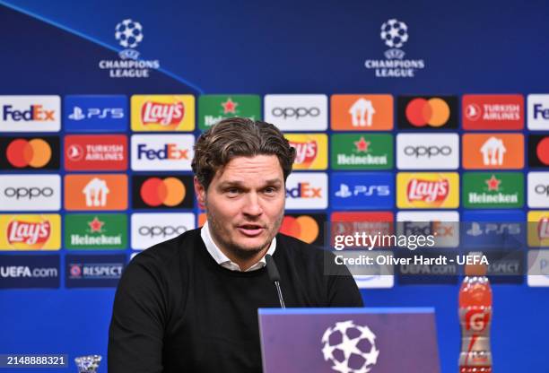 Edin Terzic, Head Coach of Borussia Dortmund, speaks to the media in a post match press conference following the UEFA Champions League quarter-final...