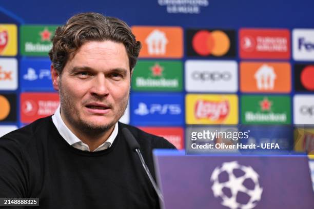 Edin Terzic, Head Coach of Borussia Dortmund, speaks to the media in a post match press conference following the UEFA Champions League quarter-final...