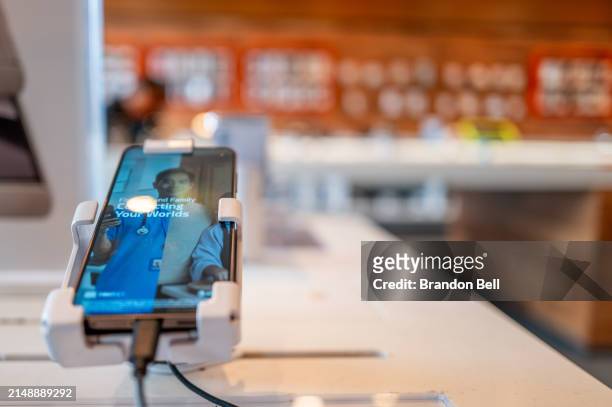 Samsung smartphone sits on display at an AT&T store on April 16, 2024 in Austin, Texas. Samsung has become the top phonemaker as Apple smartphone...