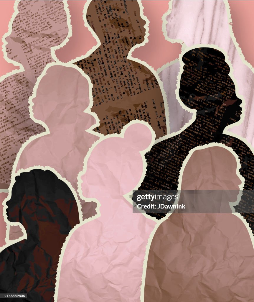 Crowd of women side view silhouettes with newspaper, crumpled paper and marble textures females only
