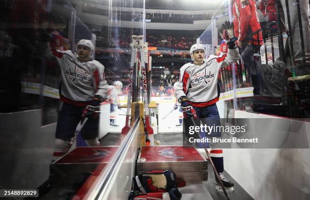 Aliaksei Protas of the Washington Capitals leaves the ice following warmups prior to the game against the Philadelphia Flyers at the Wells Fargo...