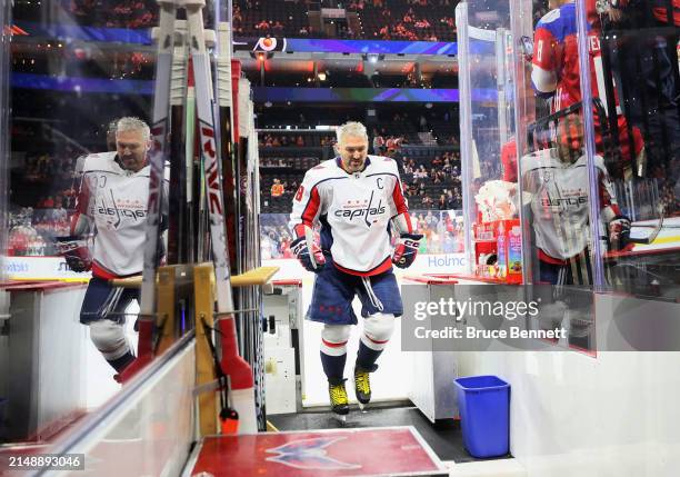 Alex Ovechkin of the Washington Capitals leaves the ice following warmups prior to the game against the Philadelphia Flyers at the Wells Fargo Center...