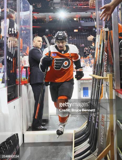 Morgan Frost of the Philadelphia Flyers leaves the ice following warmups prior to the game against the Washington Capitals at the Wells Fargo Center...