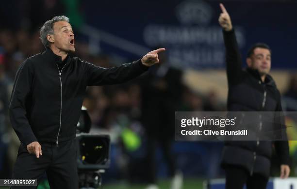 Luis Enrique, Head Coach of Paris Saint-Germain, reacts during the UEFA Champions League quarter-final second leg match between FC Barcelona and...
