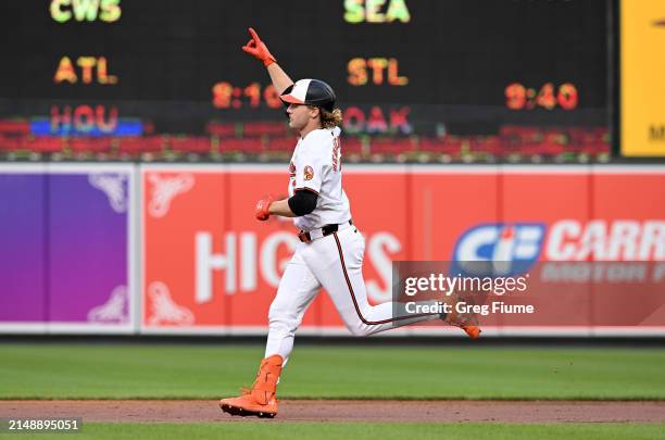 Gunnar Henderson of the Baltimore Orioles celebrates after hitting a two-run home run in the second inning against the Minnesota Twins at Oriole Park...