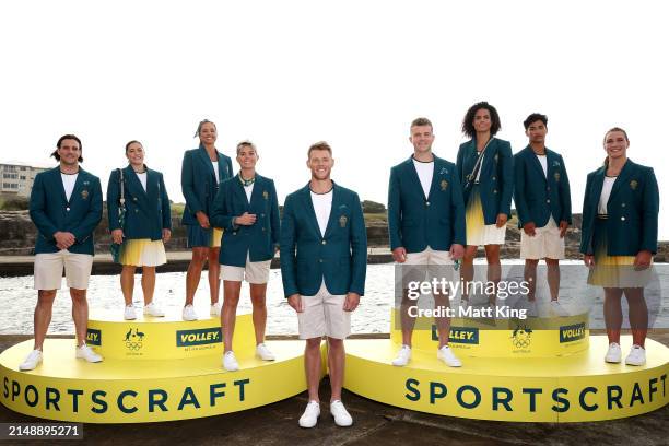 Members of the Australian Olympic team pose during the Australian 2024 Paris Olympic Games Official Uniform Launch at Clovelly Surf Club on April 17,...