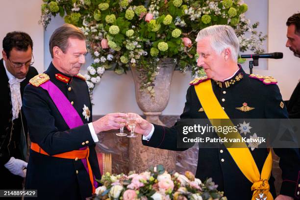Grand Duke Henri of Luxembourg and King Philippe of Belgium attend the state banquet at the Laken Castle on April 16, 2024 in Brussels, Belgium.