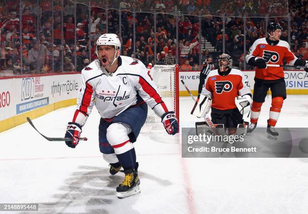 Alex Ovechkin of the Washington Capitals celebrates his goal against Samuel Ersson of the Philadelphia Flyers at 18:08 of the first period at the...