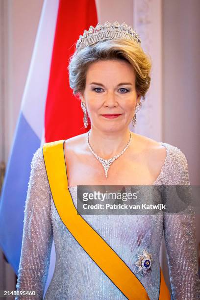 Queen Mathilde of Belgium attends the state banquet at the Laken Castle on April 16, 2024 in Brussels, Belgium.